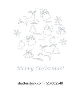 Vector illustration of different new year and christmas symbols arranged in a circle. Winter elements made in line style. 