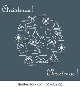 Vector illustration of different new year and christmas symbols arranged in a circle. Winter elements made in line style. 