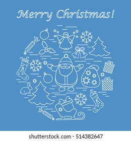 Vector illustration of different new year and christmas symbols arranged in a circle. Winter elements made in line style. 