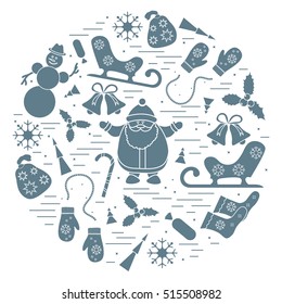 Vector illustration of different new year and christmas symbols arranged in a circle. 