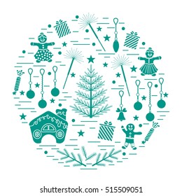 Vector illustration of different new year and christmas symbols arranged in a circle. 