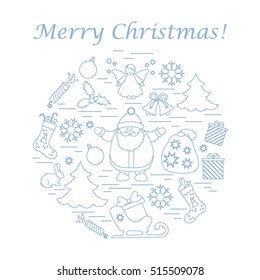 Vector illustration of different new year and christmas symbols arranged in a circle. Winter elements made in line style. 