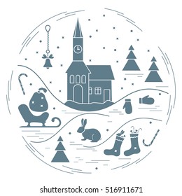 Vector illustration of different new year and christmas symbols arranged in a circle.