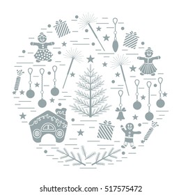 Vector illustration of different new year and christmas symbols arranged in a circle. 