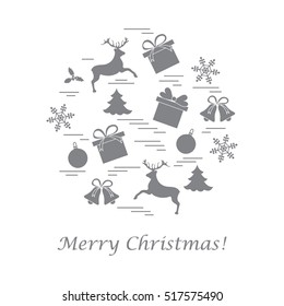 Vector illustration of different new year and christmas symbols arranged in a circle. 