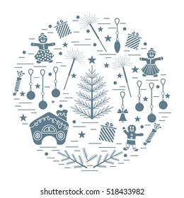 Vector illustration of different new year and christmas symbols arranged in a circle. 