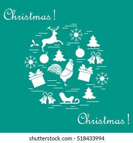 Vector illustration of different new year and christmas symbols arranged in a circle. 