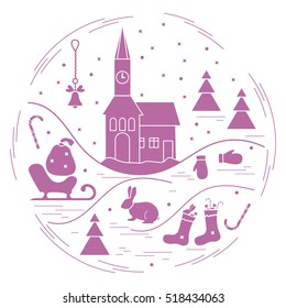 Vector illustration of different new year and christmas symbols arranged in a circle.