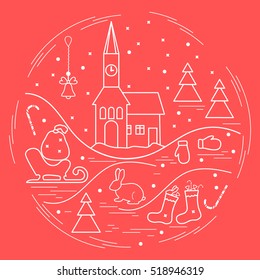 Vector illustration of different new year and christmas symbols arranged in a circle. Winter elements made in line style