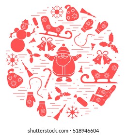 Vector illustration of different new year and christmas symbols arranged in a circle. 