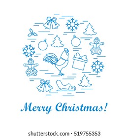 Vector illustration of different new year and christmas symbols arranged in a circle. Winter elements made in line style. 