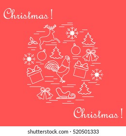 Vector illustration of different new year and christmas symbols arranged in a circle. Winter elements made in line style. 