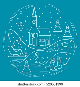 Vector illustration of different new year and christmas symbols arranged in a circle. Winter elements made in line style