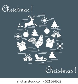 Vector illustration of different new year and christmas symbols arranged in a circle. 