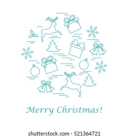 Vector illustration of different new year and christmas symbols arranged in a circle. Winter elements made in line style. 