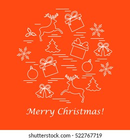 Vector illustration of different new year and christmas symbols arranged in a circle. Winter elements made in line style. 