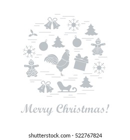 Vector illustration of different new year and christmas symbols arranged in a circle. 