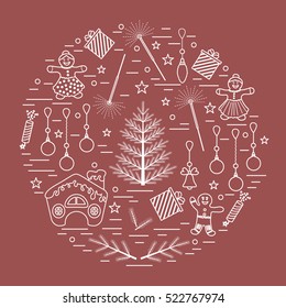 Vector illustration of different new year and christmas symbols arranged in a circle. Winter elements made in line style. 