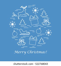 Vector illustration of different new year and christmas symbols arranged in a circle. Winter elements made in line style. 
