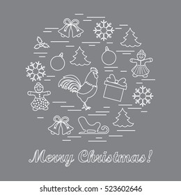 Vector illustration of different new year and christmas symbols arranged in a circle. Winter elements made in line style. 