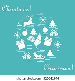 Vector illustration of different new year and christmas symbols arranged in a circle. 