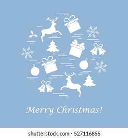 Vector illustration of different new year and christmas symbols arranged in a circle. 
