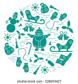 Vector illustration of different new year and christmas symbols arranged in a circle. 