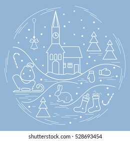 Vector illustration of different new year and christmas symbols arranged in a circle. Winter elements made in line style