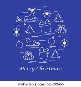 Vector illustration of different new year and christmas symbols arranged in a circle. Winter elements made in line style. 