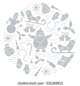 Vector illustration of different new year and christmas symbols arranged in a circle. 