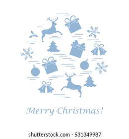 Vector illustration of different new year and christmas symbols arranged in a circle. 