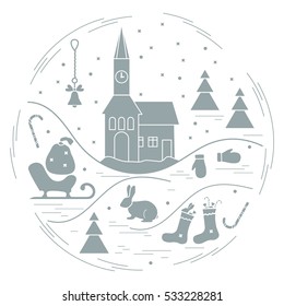 Vector illustration of different new year and christmas symbols arranged in a circle.