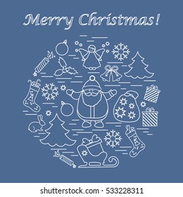 Vector illustration of different new year and christmas symbols arranged in a circle. Winter elements made in line style. 