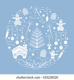 Vector illustration of different new year and christmas symbols arranged in a circle. 