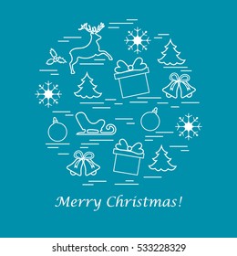Vector illustration of different new year and christmas symbols arranged in a circle. Winter elements made in line style. 