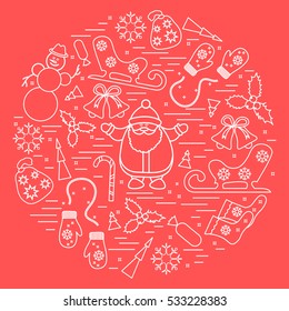 Vector illustration of different new year and christmas symbols arranged in a circle. Winter elements made in line style.