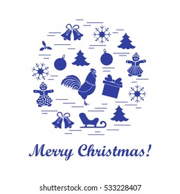 Vector illustration of different new year and christmas symbols arranged in a circle. 