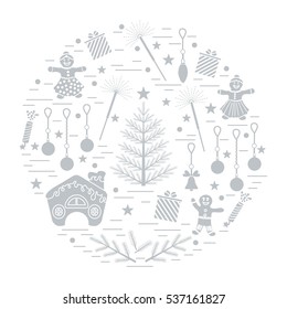 Vector illustration of different new year and christmas symbols arranged in a circle. 