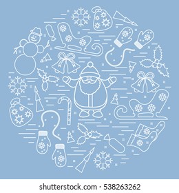 Vector illustration of different new year and christmas symbols arranged in a circle. Winter elements made in line style.