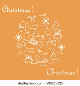 Vector illustration of different new year and christmas symbols arranged in a circle. Winter elements made in line style. 