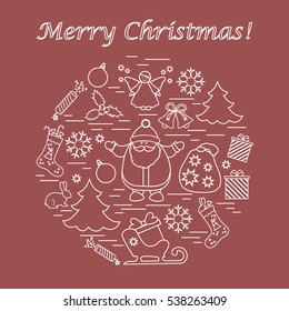 Vector illustration of different new year and christmas symbols arranged in a circle. Winter elements made in line style. 