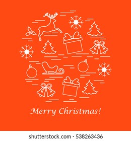 Vector illustration of different new year and christmas symbols arranged in a circle. Winter elements made in line style. 