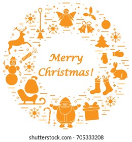 Vector illustration of different new year and Christmas symbols arranged in a circle. Winter elements made in line style. 