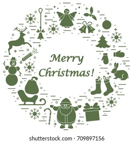 Vector illustration of different new year and Christmas symbols arranged in a circle. Winter elements made in line style. 
