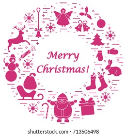 Vector illustration of different new year and Christmas symbols arranged in a circle. Winter elements made in line style. 