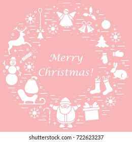 Vector illustration of different new year and Christmas symbols arranged in a circle. Winter elements made in line style. 
