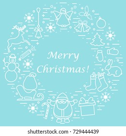 Vector illustration of different new year and Christmas symbols arranged in a circle. Winter elements made in line style. 