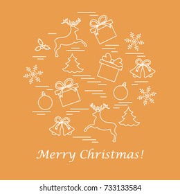 Vector illustration of different new year and christmas symbols arranged in a circle. Winter elements made in line style. 