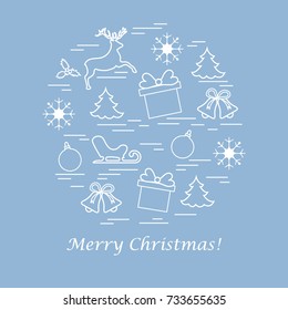 Vector illustration of different new year and christmas symbols arranged in a circle. Winter elements made in line style. 