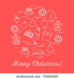 Vector illustration of different new year and christmas symbols arranged in a circle. Winter elements made in line style. 